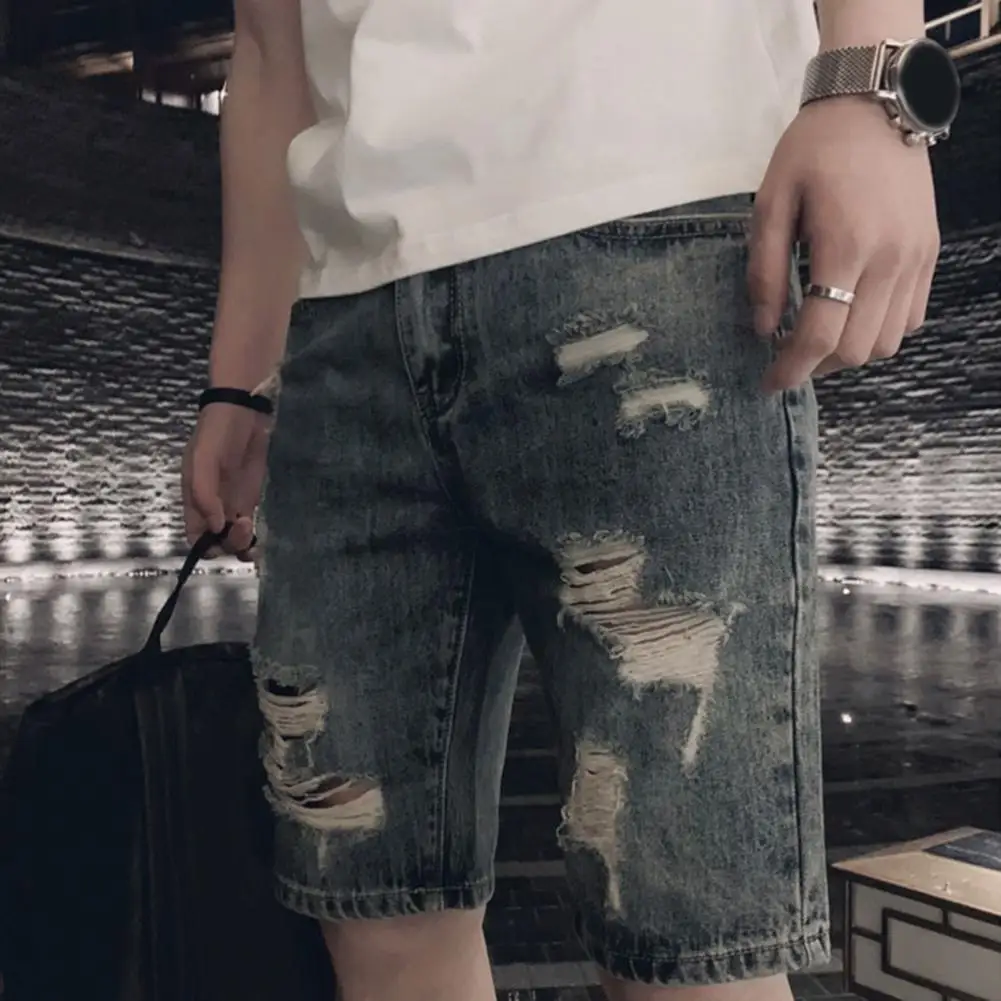 Summer Ripped Holes Denim Shorts Mid-rise Pockets Zipper Button Fly Straight Leg Knee Length Men Short Jeans Streetwear