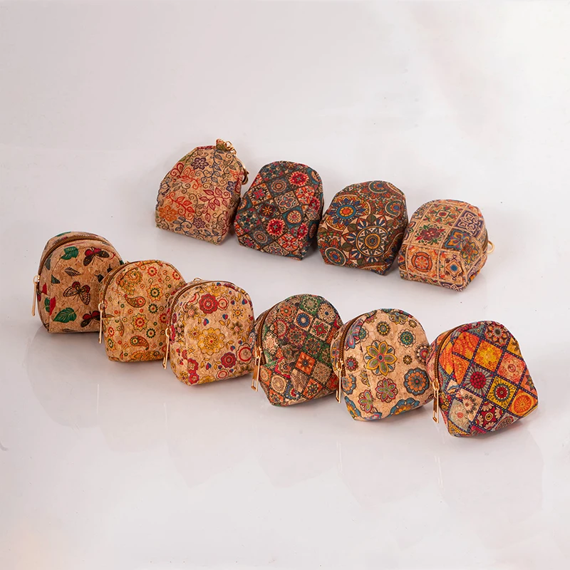 5pcs Purses Women Cork Leather National Bufferfly Flower Printing Solid Ear Line Key Wallet