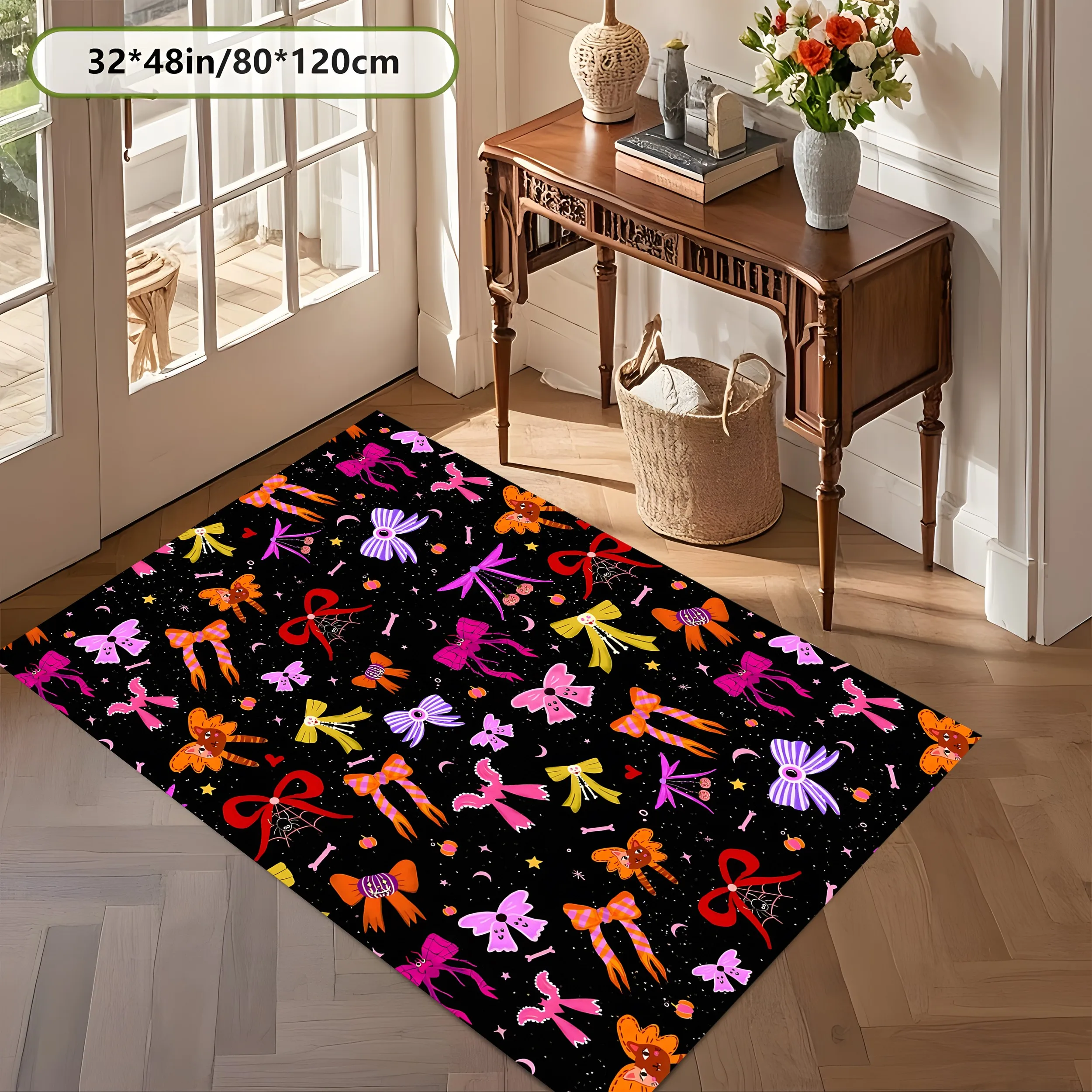 Colorful Bow Star Moon Bone 2D Area Rug in Sweet Cool Dark Style for Living Room and Bedroom, Halloween Party Decor