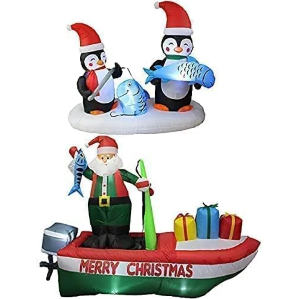 

Two Christmas Party Decorations Bundle, Includes 8 Foot Long Inflatable Santa Claus on a Fishing Boat, and 6 Foot Long Lighted