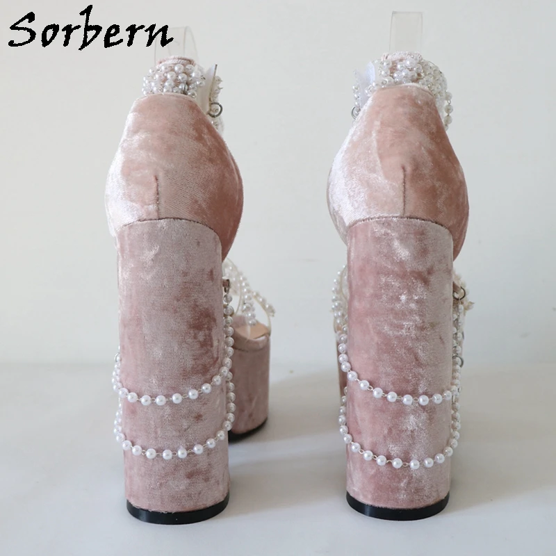 Sorbern Blush Pink Velvet Sandals Beadings Ankle Straps Summer Style Shoes Block High Heel With Charmings Custom Colorss