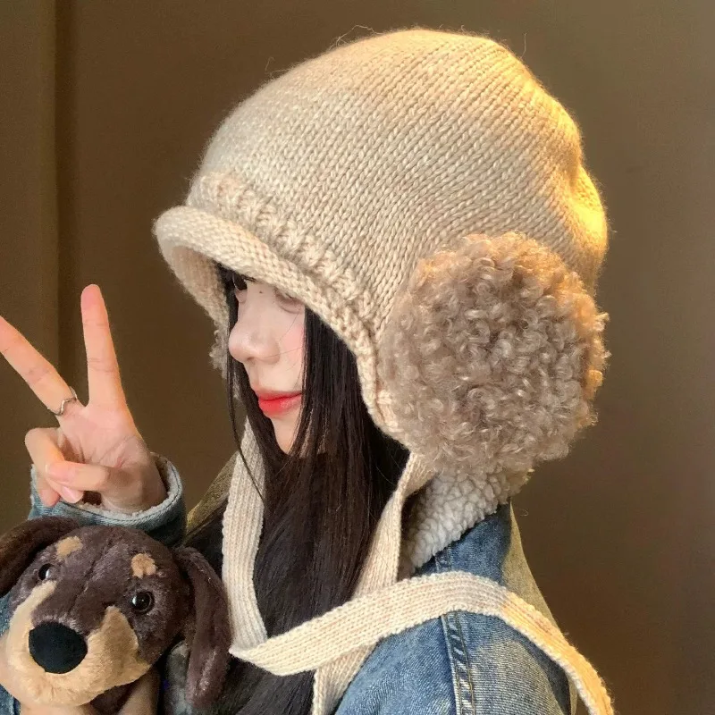 Women Knitted Earflap Hats Curly Faux Fur Big Ear Design Winter Warm Coldproof Trapper Hat with Long Tie Strings Fashion Beanies