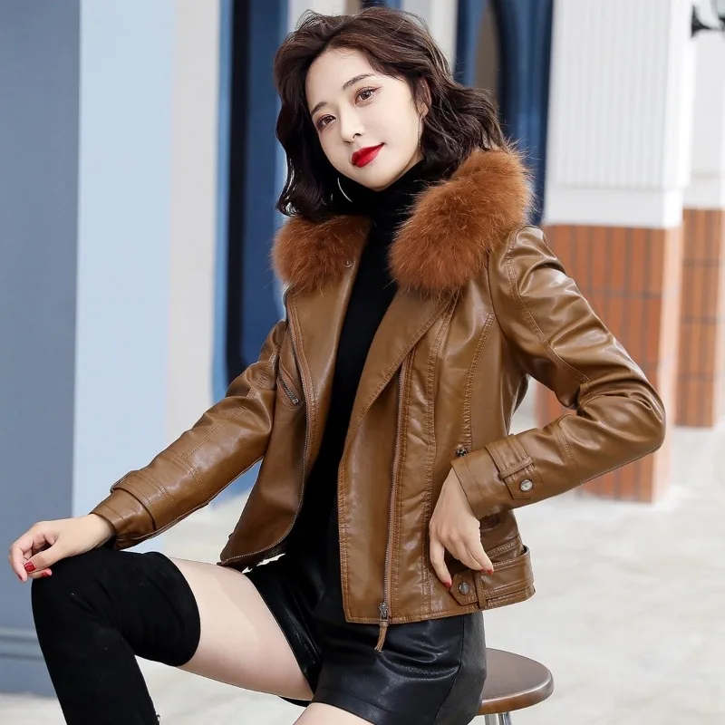 2023 Winter New Women Short Leather Jacket Fox Fur Collar Thickened Thermal Slim Fit Leather Coat Fashion Solid Color outwear