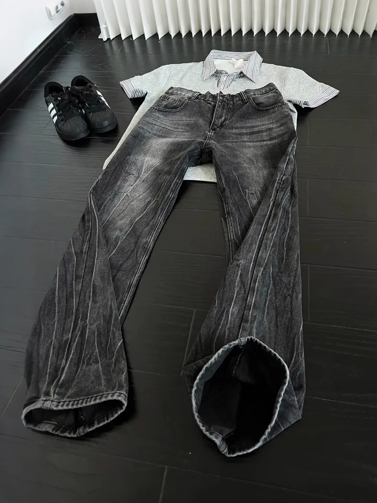

Waed Bla Lightning Pattern Men's Jeans American Vibe Knife Slimming Leg Lengthening mid High Waist Straight Leg Jeans