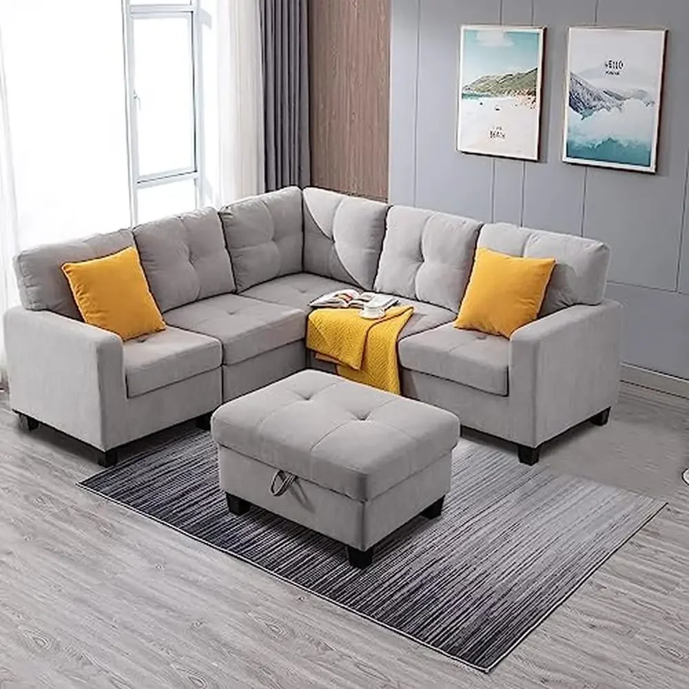 5 Seater Modular Velvet Sectional Sofa Set with Storage Ottoman and Pillows Independent Combination L-Shaped Couch Living Room