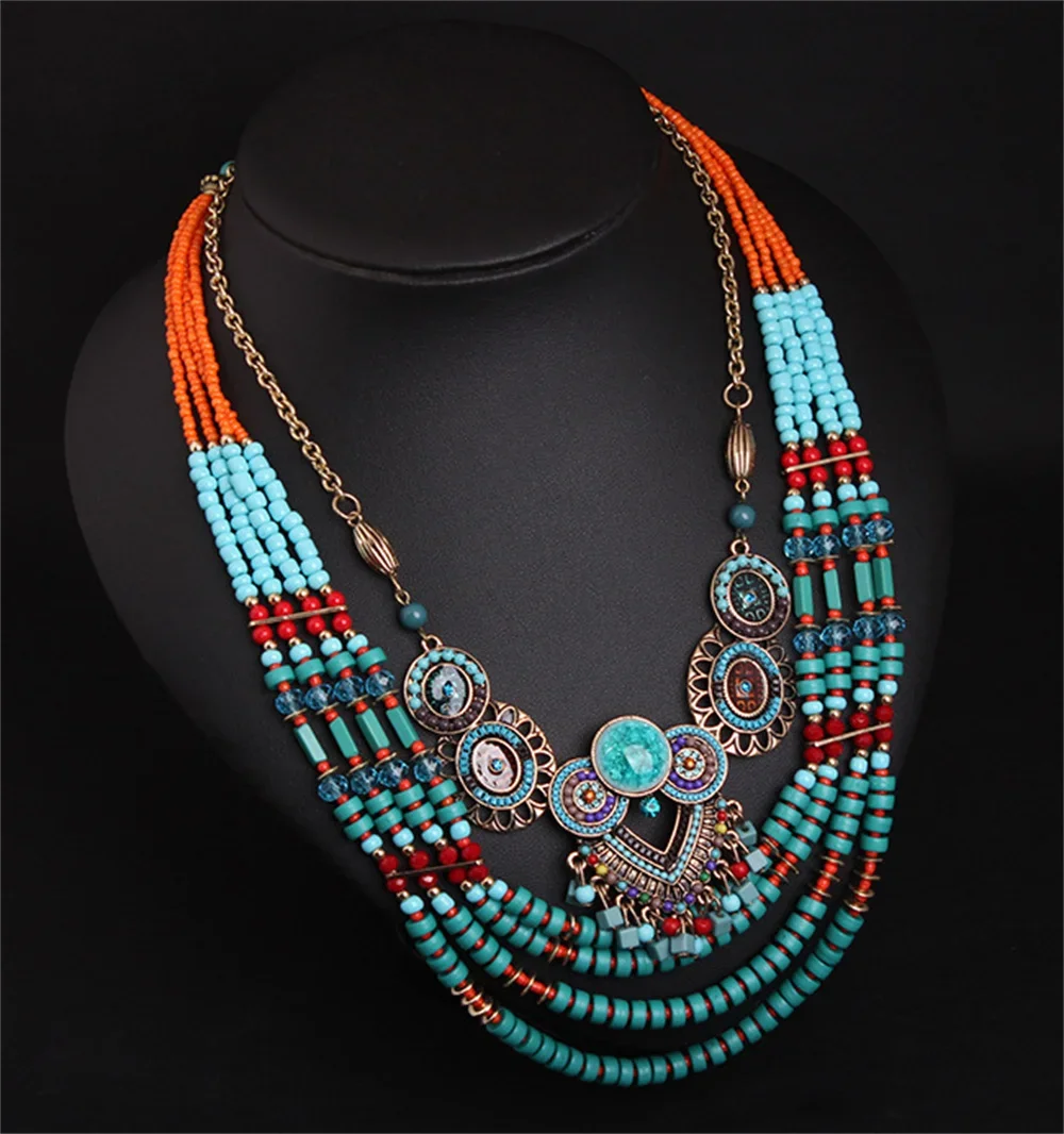 Charm Ethnic Multi-layer Colors Beads Gem Handmade Bohemia Design Necklace for Woman Female Jewelry Exaggerated Accessories