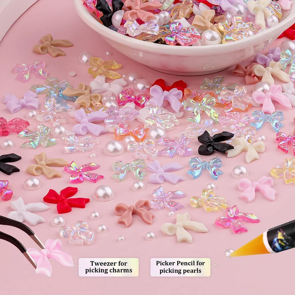 12 شبكة/صندوق مختلط الراتنج Bowknot مسمار السحر ثلاثية الأبعاد الملونة القوس Kawaii حجر الراين مسمار الفن زينة DIY بها بنفسك مانيكير أجزاء القلم الملقط