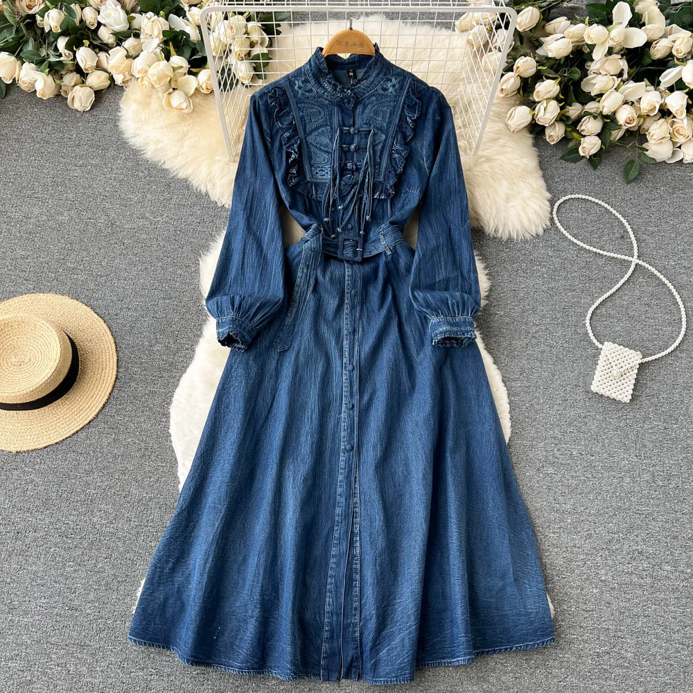Vestido vaquero de estilo retro, informal, de inspiración étnica, con bordados, mangas largas, bolsillos y cinturón, para mujer. Vestido largo.