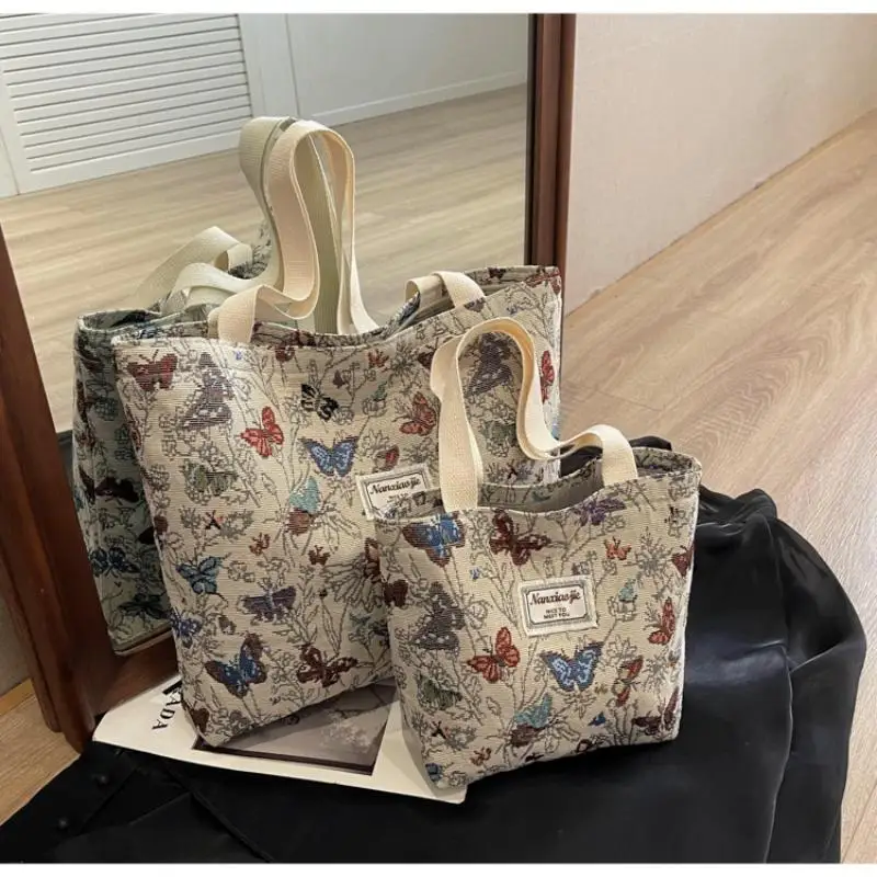 

Casual Butterfly Women's Tote Bag Floral Print Canvas Shoulder Bag Large Capacity Thickened Jacquard Handbag