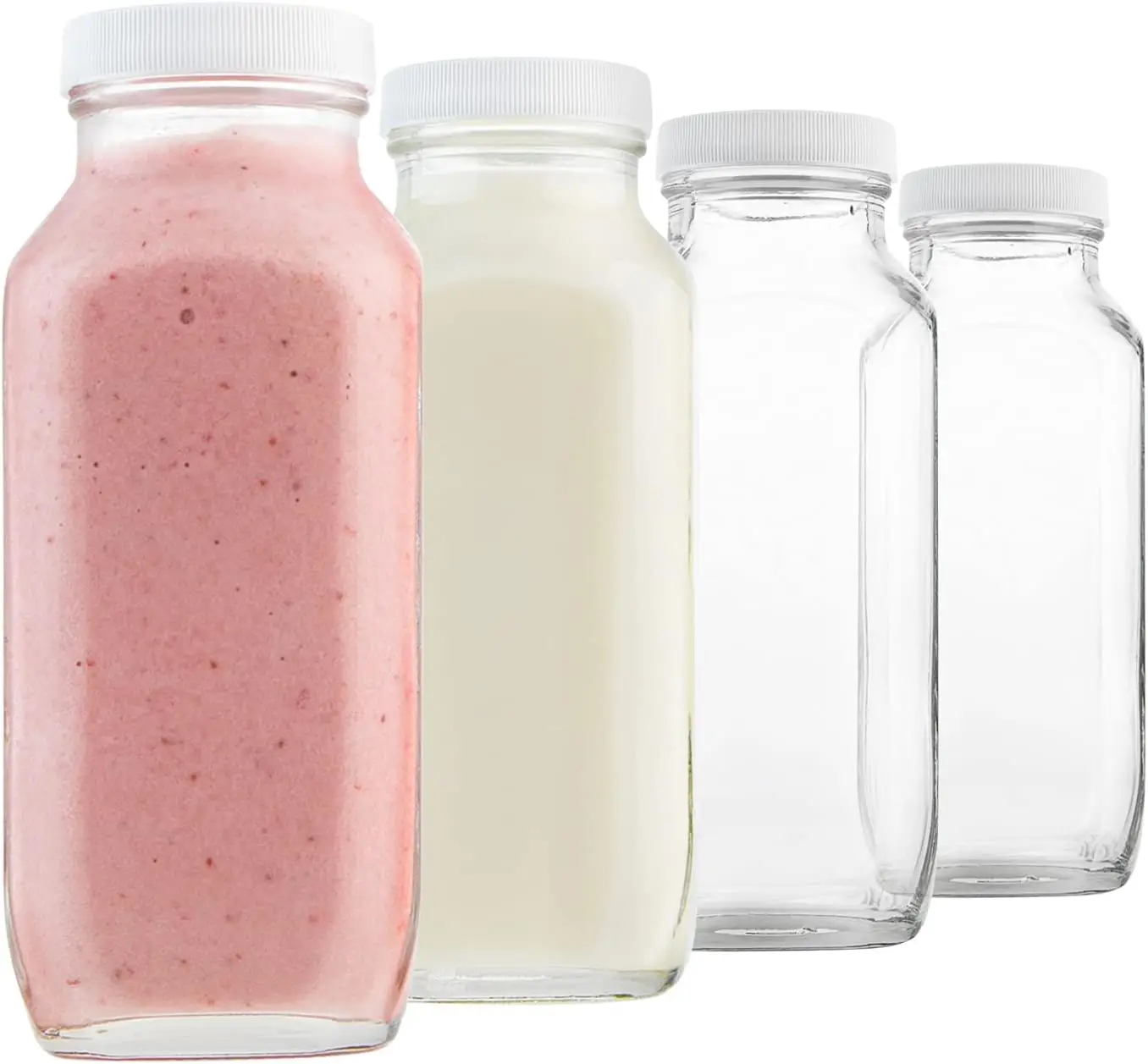 Paquete de 4 botellas de vidrio cuadradas reutilizables de 16 onzas con tapas, recipientes herméticos para beber leche, crema, jugo, batidos, qufer y yogur, aptos para loncheras y refrigeradores