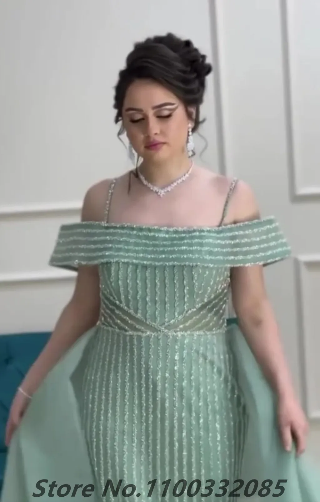 Turquoise Mermaid Shinning Off ชุดราตรีไหล่ยาวหรูหรา Sequined อย่างเป็นทางการชุดราตรีดูไบชุดปาร์ตี้ที่กําหนดเอง