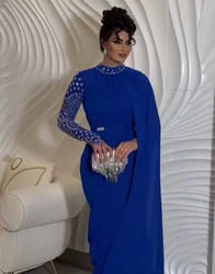 Royal Blue Chiffon Beaded Prom Dress Long for Arabic Women 2025 Sheath Drapped Pleated Side Slit Formal Evening Gowns Customized