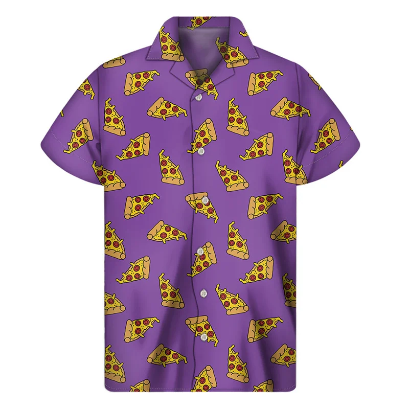 

Cartoon Pizza 3D Print Hawaiian Shirts For Men Summer Food Pattern Lapel Button Shirt Street Loose Short Sleeves Blouse Tops