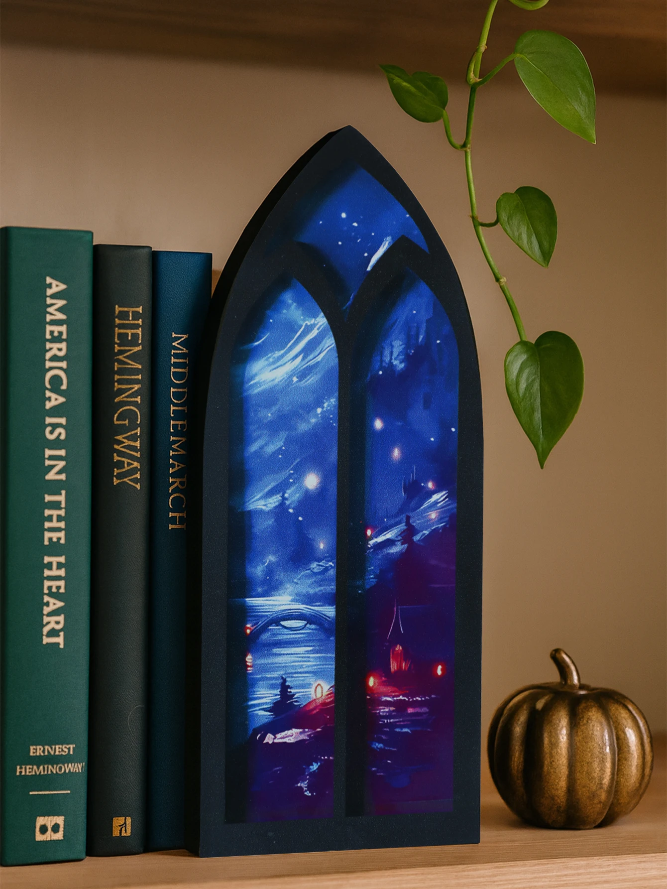 Sujetalibros con forma de arco gótico, diseño de cielo nocturno y Castillo de fantasía, adorno de escritorio, organizador de libros de madera para el hogar, biblioteca, decoración artística, regalo