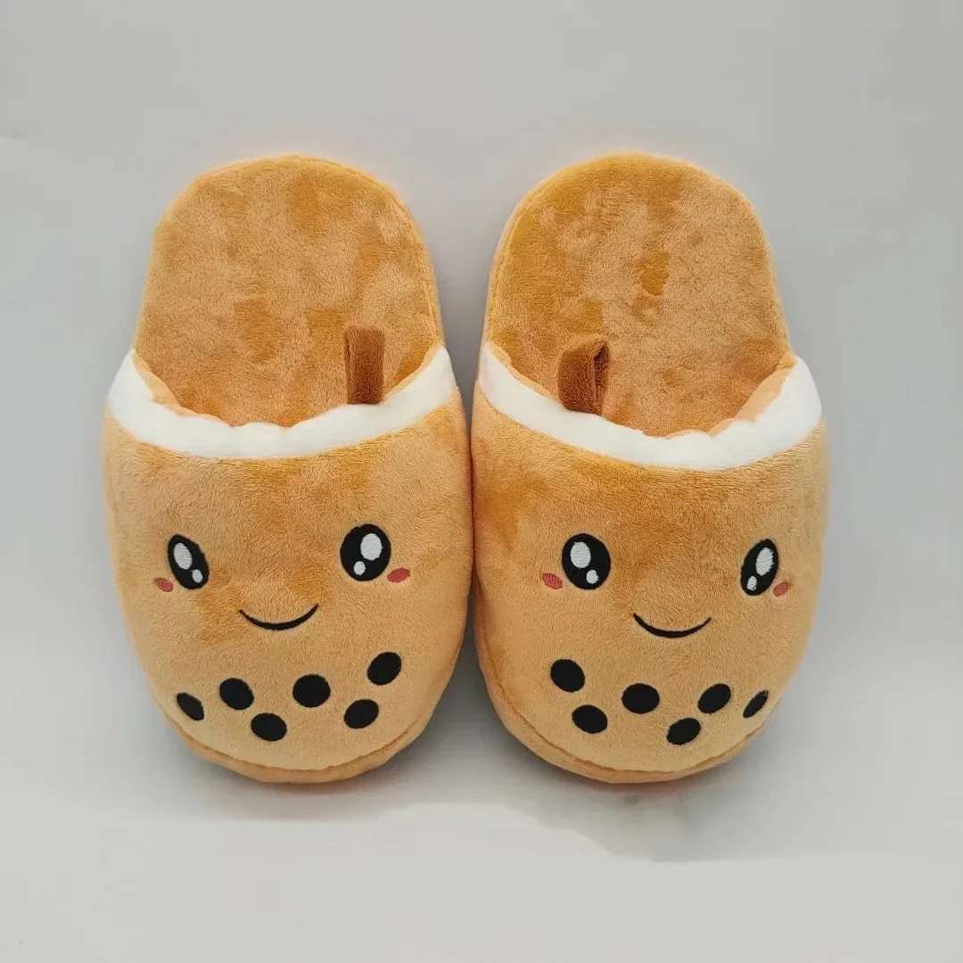 

Milk Tea Plush Slippers Autumn and Winter Home Slippers Warm Soft Sole Shoes For Girls Cartoon Boba Pearl Milk Tea Slides