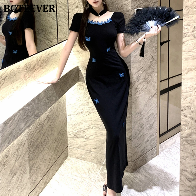 BGTEEVER Vintage Short Sleeve Butterfly Skinny Cheongsam Dress for Women Summer Elegant O-neck Slim Ladies Package Hip Dress