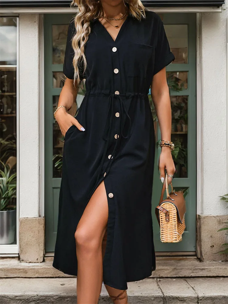 Europe and the United States summer solid color button cardigan women\'s dress V-neck lace-up elegant high-waisted skirt