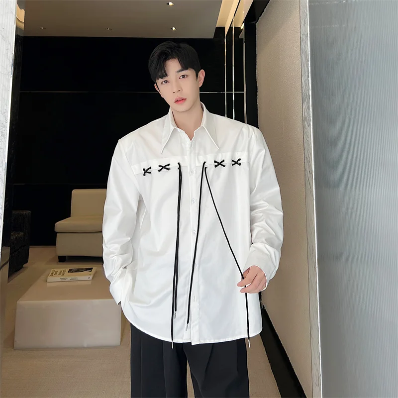 Casual Men's Long Sleeve Shirt Spring Summer Deconstructed Design Trendy Korean Style Tie Waist Standard Fit Youthful Popular