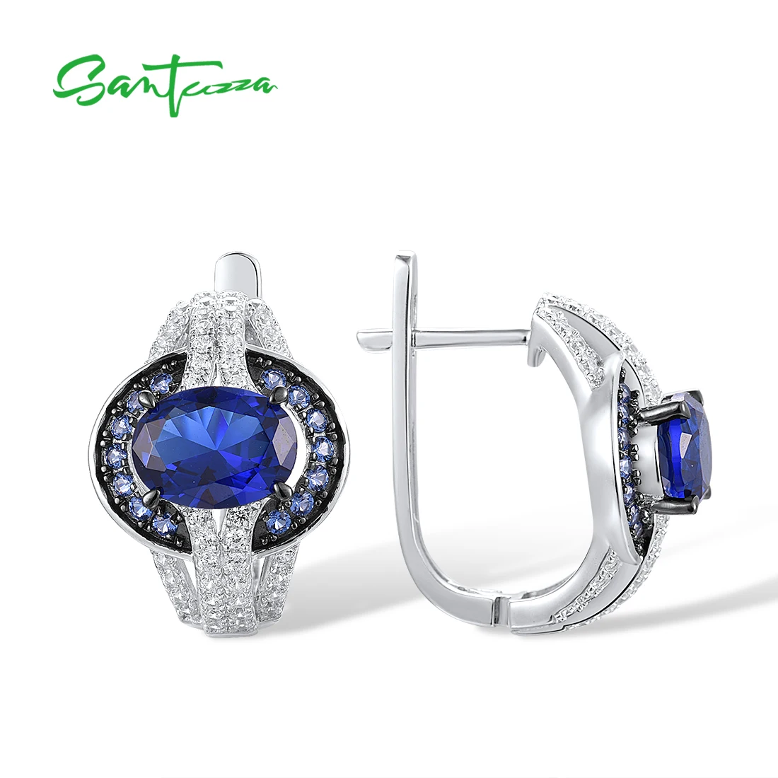 SANTUZZA Genuine 925 Sterling Silver Earrings For Women Sparkling  Blue White Cubic Zirconia Earrings Gorgeous Fine Jewelry