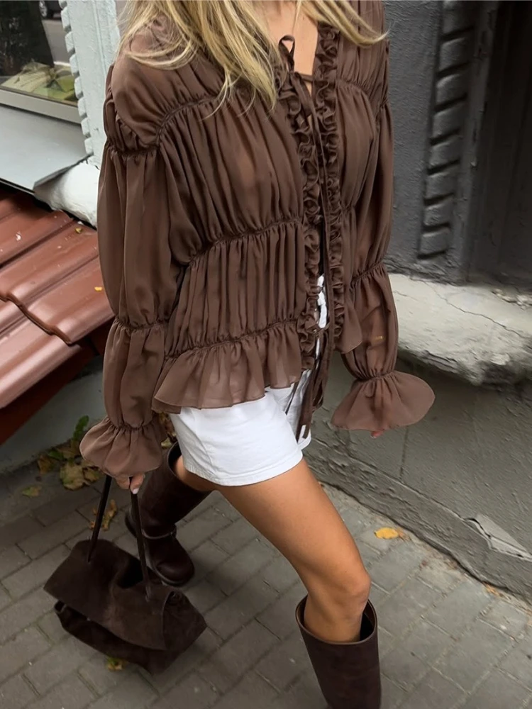 Tossy plis transparent chemises décontractées haut femmes ample à lacets col en V Vintage Patchwork à manches longues trajet chemises pour femmes