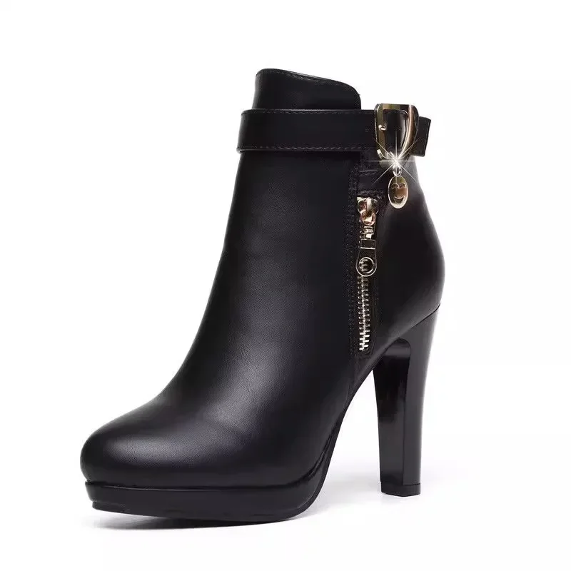 Bottes Rondes en Cuir à Talons Hauts pour Femme, Chaussures Élégantes et Simples, Sexy, Peluche, Rinçage, Collection Hiver 2024