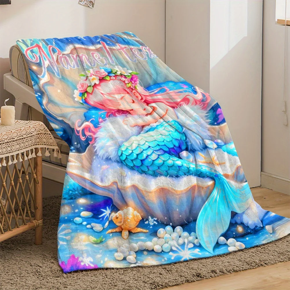 1pc Customizable Mermaid Shell Design Flannel Throw Blanket - Personalized Name Digital Print, Tear Resistant, All-Season Cozy L