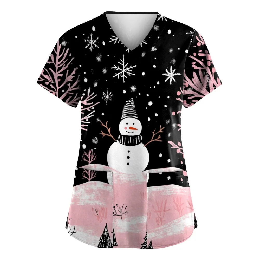 Christmas Scrubs Medical Uniforms Woman Fashion Snowman Print Summer Casual V-Neck Short Sleeve with Pockets Surgical Uniform