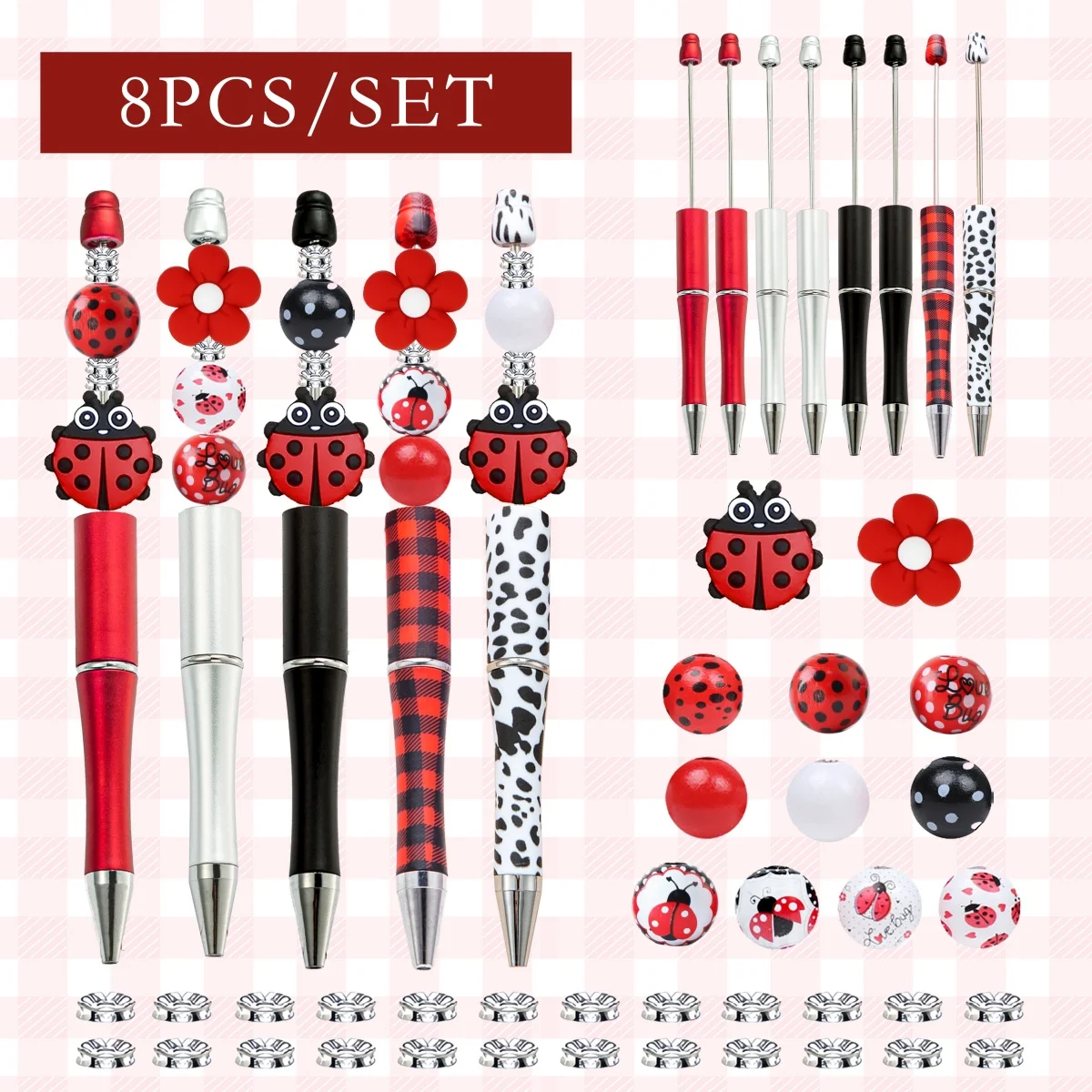 

8 шт., новинка весны и лета, красная семизвездочная божья коровка и цветок, тема животного, ручка из бисера «сделай сам», набор силиконовых бусин, офисные и учебные принадлежности
