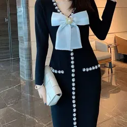 Patchwork Bow Solid Women's Clothing V-neck Long Sleeve Black Korean Dresses Casual Slim Temperament Sweet Autumn Winter Thin