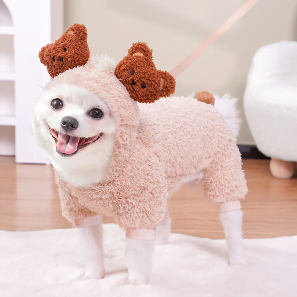 

Autumn Winter Pet Apparel Plush Thickened Warm Dog Jumpsuit Cute Bear Ear Four Legged Cats and Dogs Coat Coral Velvet Hoodie