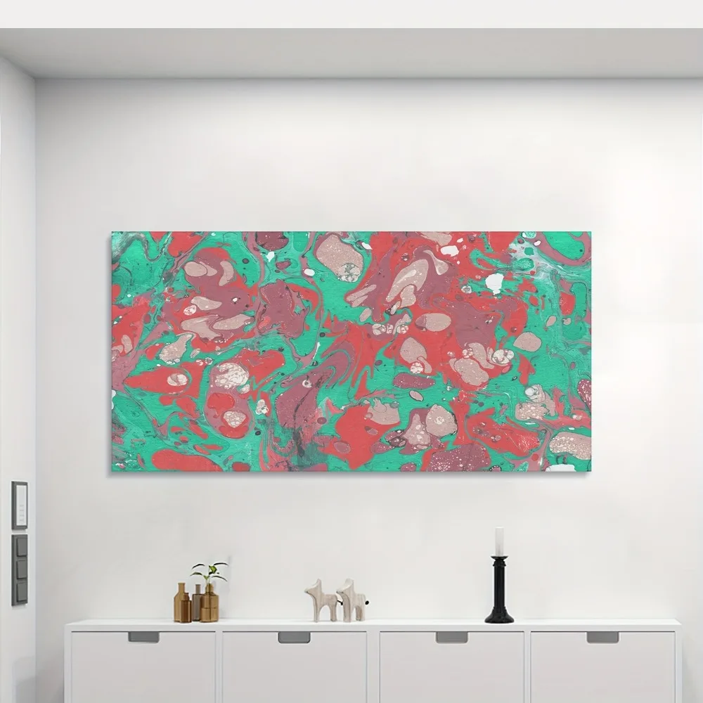 

Abstract liquid painted oil mural, red and green acrylic paint wall decoration, modern art Deco,1.5 inch solid wood frame