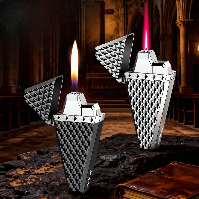 New Metal Diamond Double Fire Inflatable Lighter Windproof Electroplating Touch Open Flame Butane Portable Lighter Smoking Gift