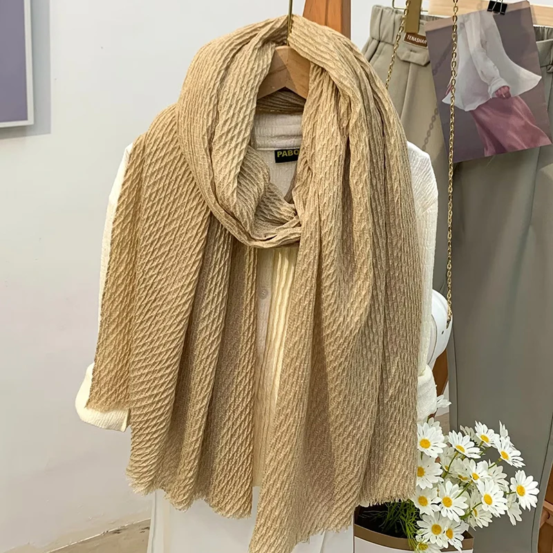 Solid Color Cotton Linen Scarf for Women Lady Long Tassel Scarves Autumn Soft  Wrap Shawls Pleated Tassel Muslim Woman Hijabs