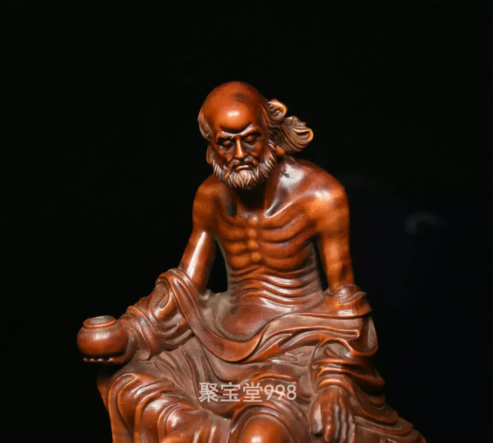 Old Chinese Boxwood Wood Carved Sit Arhat Damo Bodhidharma Dharma Buddha Statue