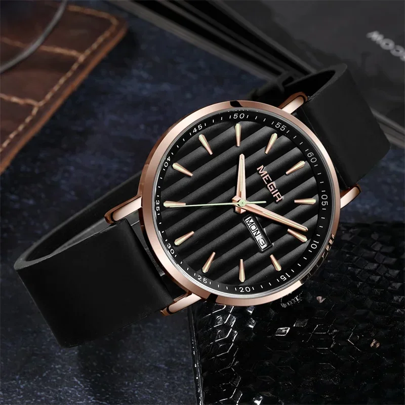 MEGIR Brand Silicone Strap Watch Men Waterproof Quartz Wristwatch Fashion Casual Striped Design Men Wristwatch Date Male Clock