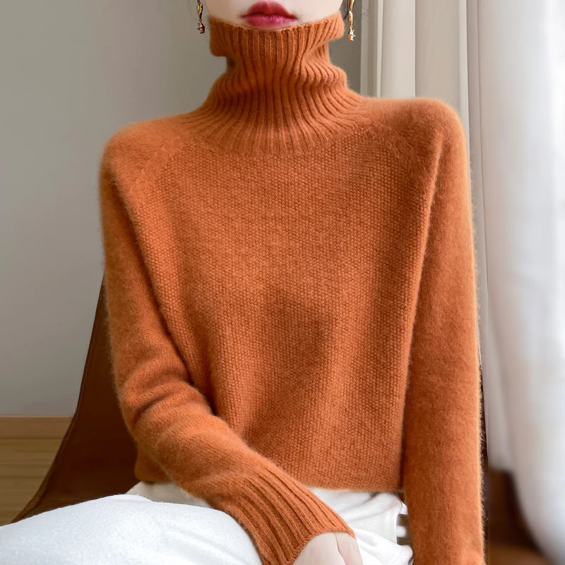 

New seamless integration in autumn and winter 100% merino wool sweater women's high lapel loose slim warm knit bottoming sweater