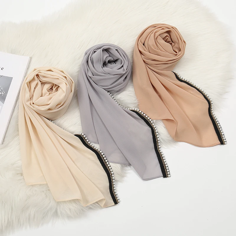 Plain Pearl Bubble Chiffon Scarf Muslim Woman Head Hijab Wrap Solid Bead Shawls Handmade Plain Headband Foulard Femme Hijabs