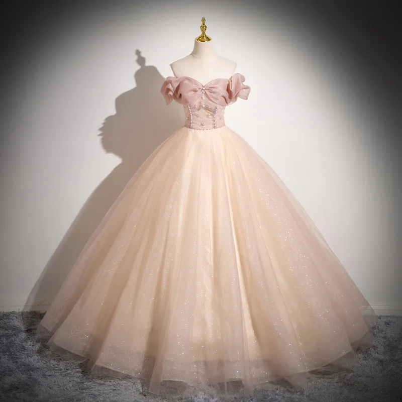

2025 New One Shoulder Slimming Banquet Dress with Mesh Shoulder Princess Dress French Pongsa Elegant Birthday Strap Dress