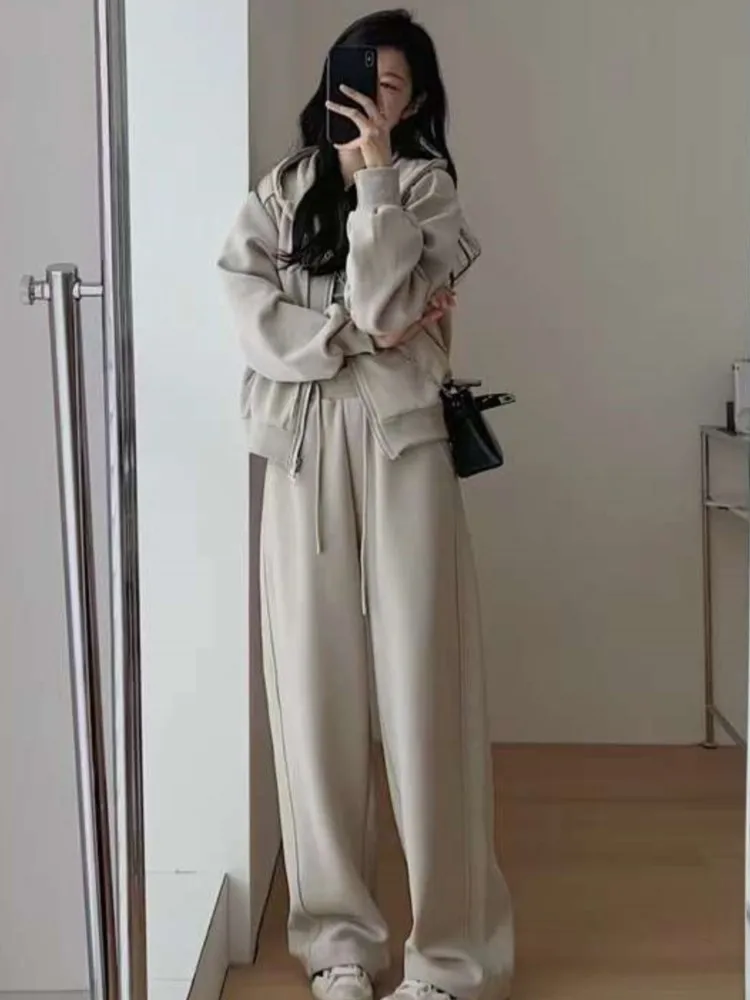 Loose Pant Set 2 Piece Sets For Women Basics Long Sleeve Hoodies Coat Wide Leg Pants Solid Casual Fashion Suit Spring Autumn New