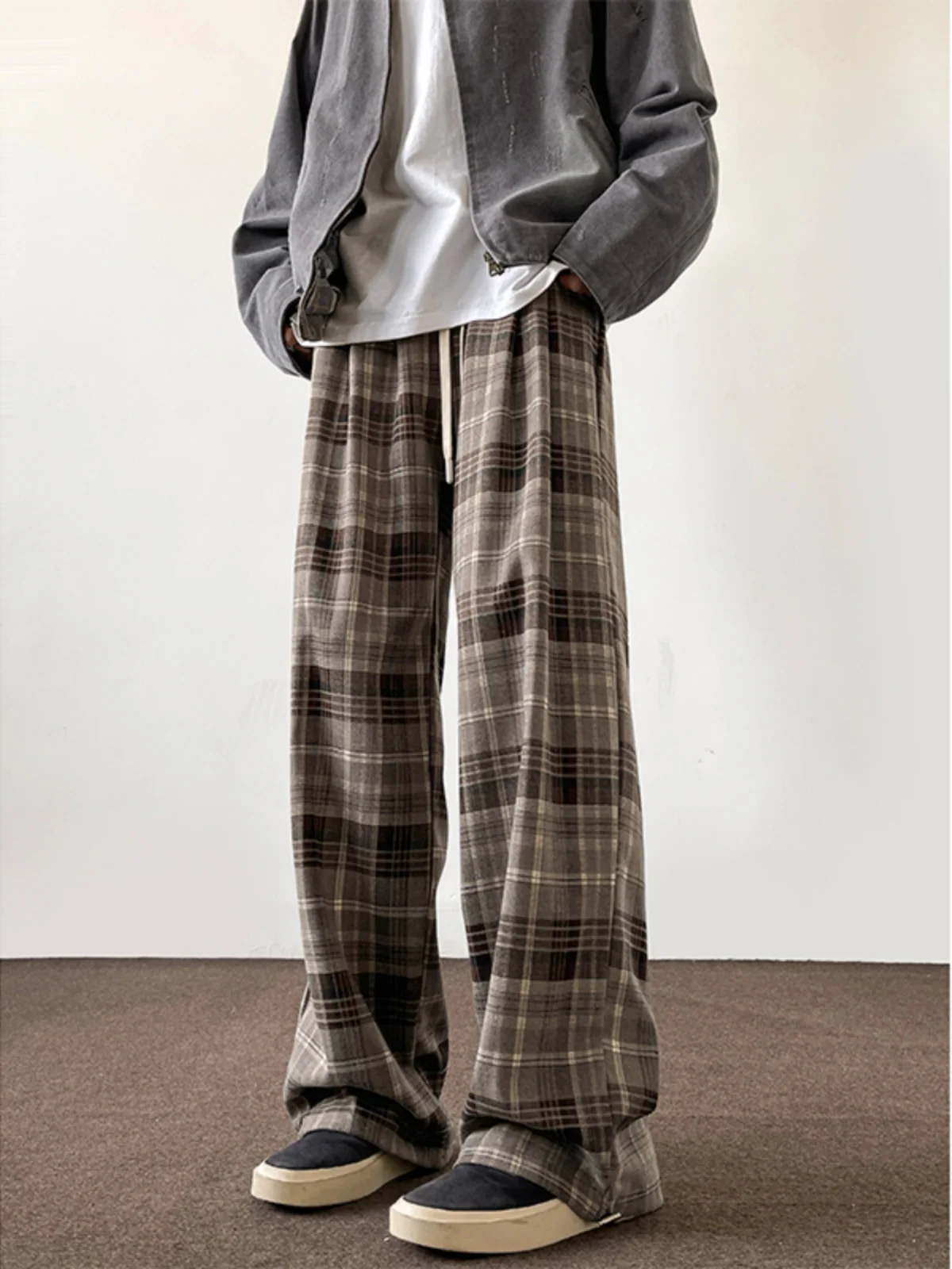 

Мужские повседневные брюки в американском ретро-стиле в клетку, прямого кроя, свободные, широкие, для весны и осени, модный бренд