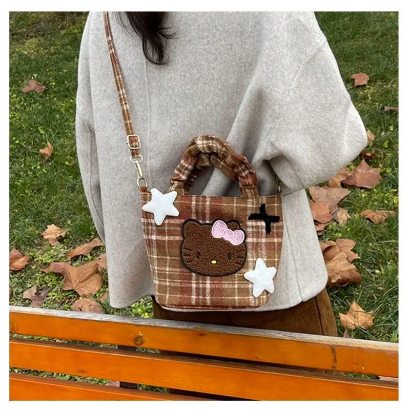 Urocza torebka damska na ramię z motywem Hello Kitty, codzienna, retro, wełniana torba crossbody, damska portmonetka, torba na zakupy.