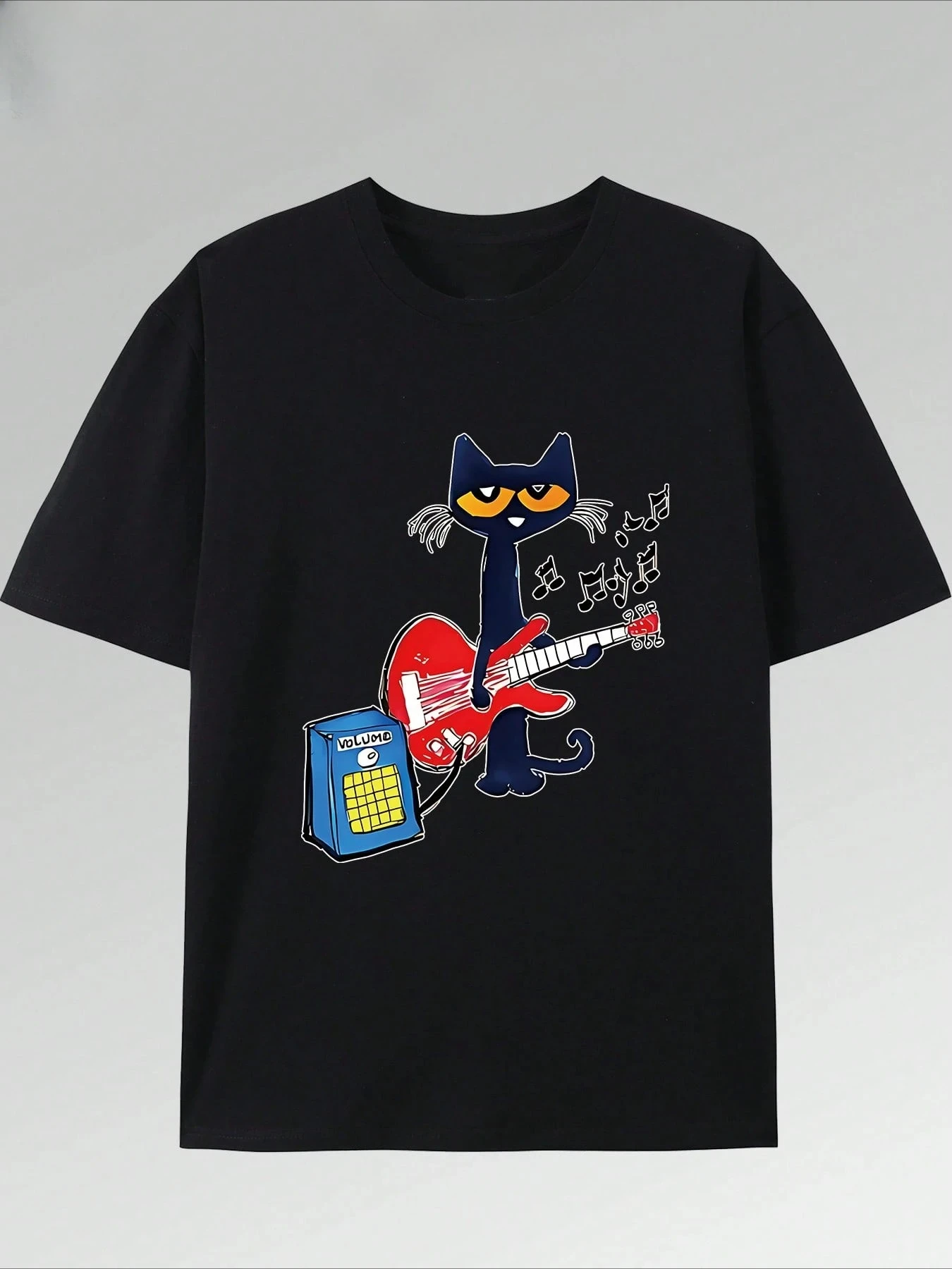 Camiseta estampada Guitar Kitten con cuello redondo de algodón puro, moderna e informal, suave y transpirable
