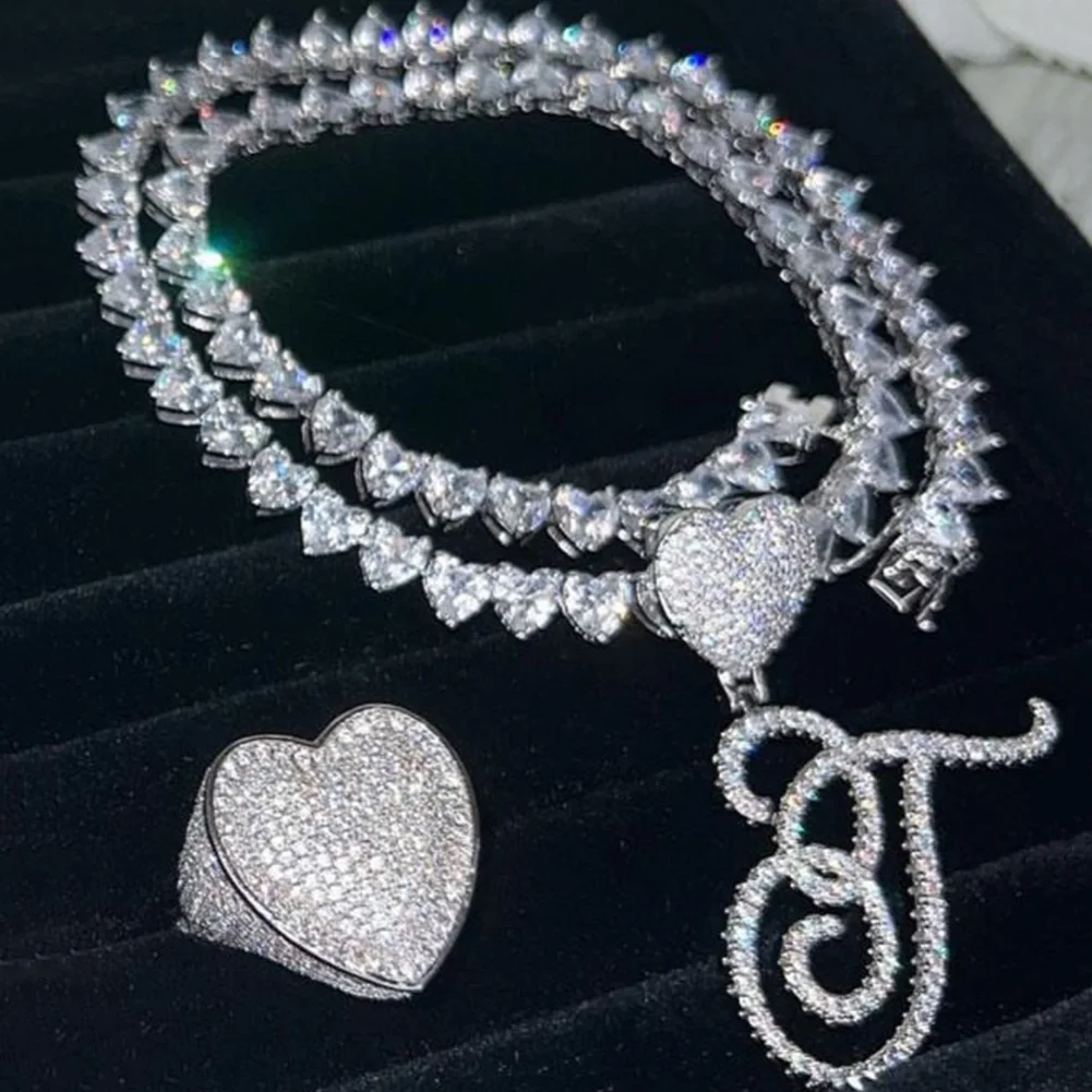 Damen-Halskette mit Herz-Anfangsbuchstaben-Anhänger, Iced-Out Strass-Buchstaben-Charm Tennis-Ketten-Choker, luxuriöses Bling-Schmuckgeschenk – Detail 5
