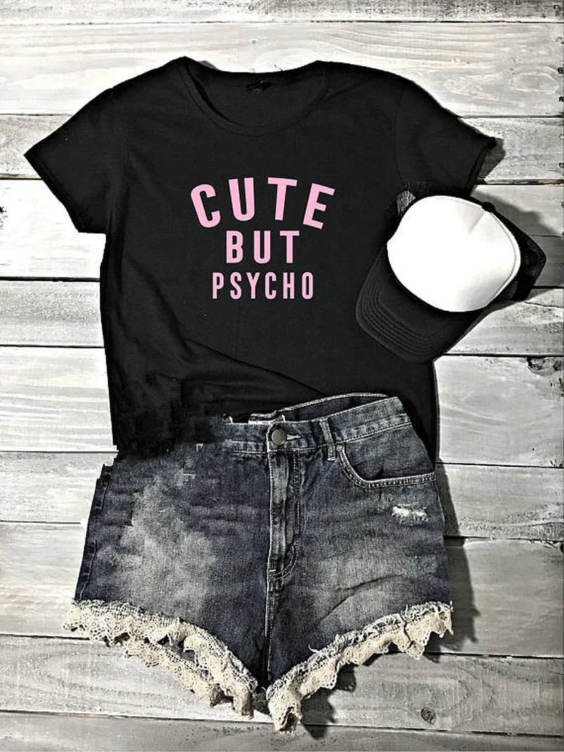 Cute But Psycho Printed Tops Summer Cute Tee Tops Women's T Shirt Funny Tumblr T Shirt Gifts for Women Pop Culture Slight Stre