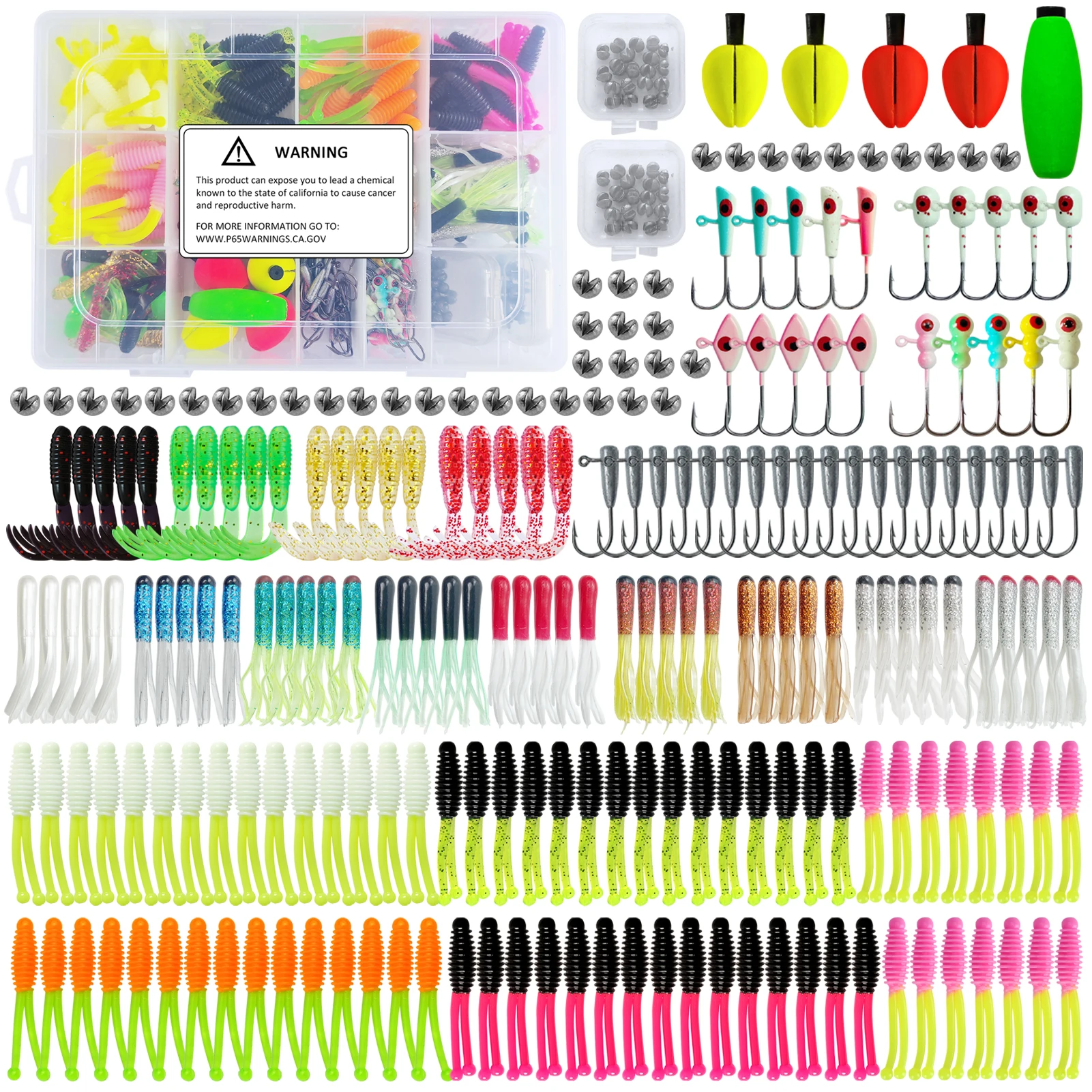 228pcs/Lot Soft Lures Kit,Fishing Tackle Box,Double-tail Worm Lures,Jig Head Hooks Floats Buoy Sinkers Octopus Soft Grub Baits