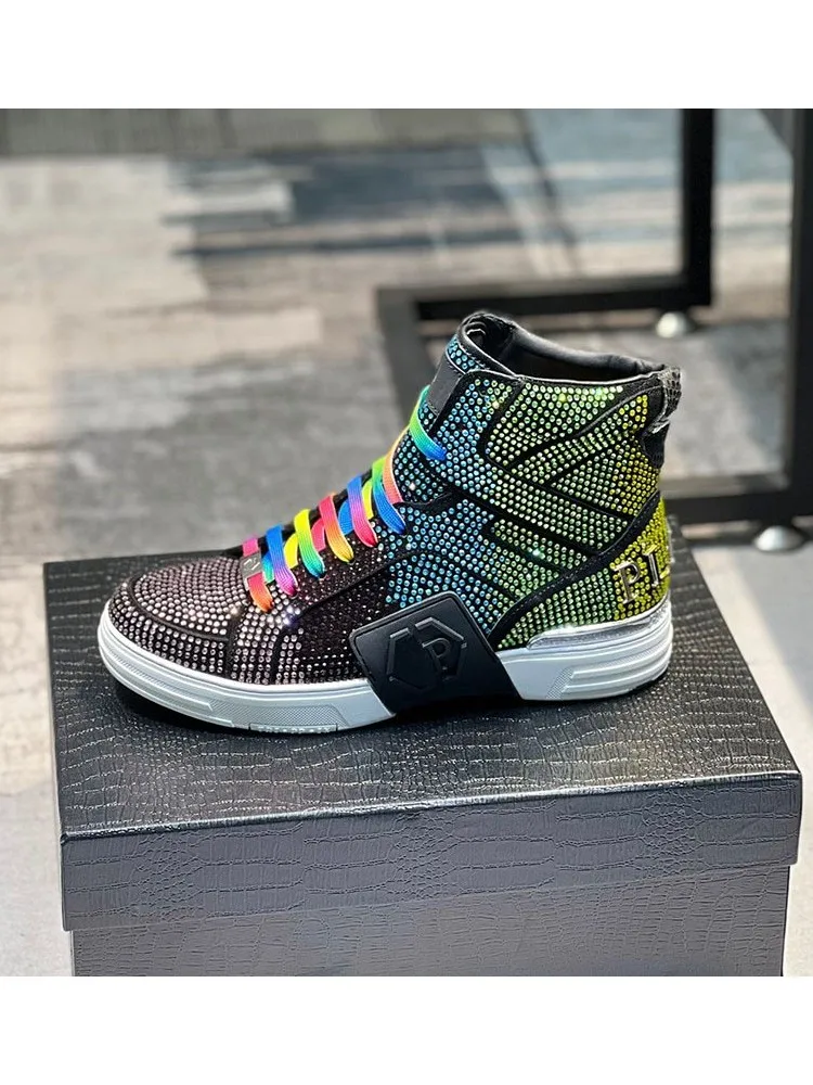 Luxe ontwerper herfst winter nieuwe heren sneakers water diamant hoge top loopschoenen voor heren mode lederen casual korte laarzen - afbeelding 2