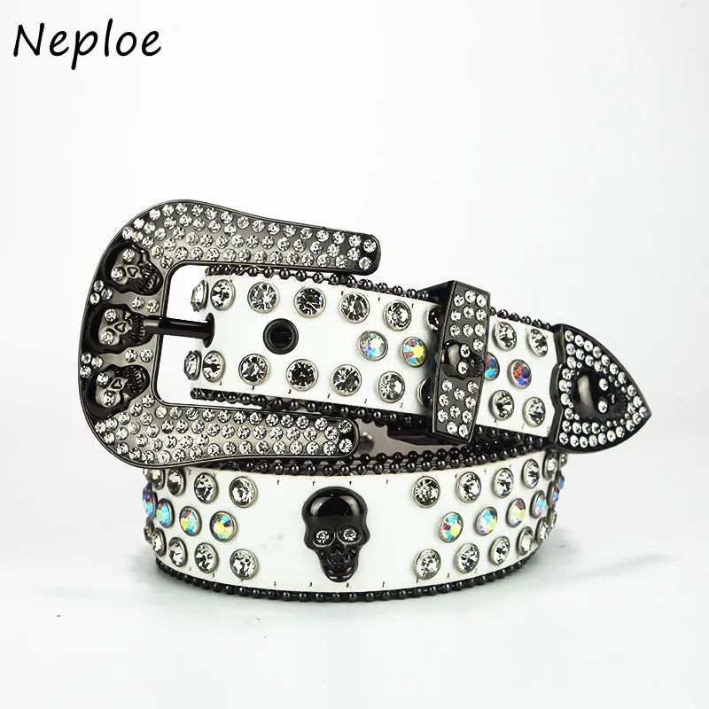 

Neploe American Fashion Skull Diamond Unisex Cinturon Sequin Pu Leather Cinturones Para Hombre Y2k Punk White Belt for Women