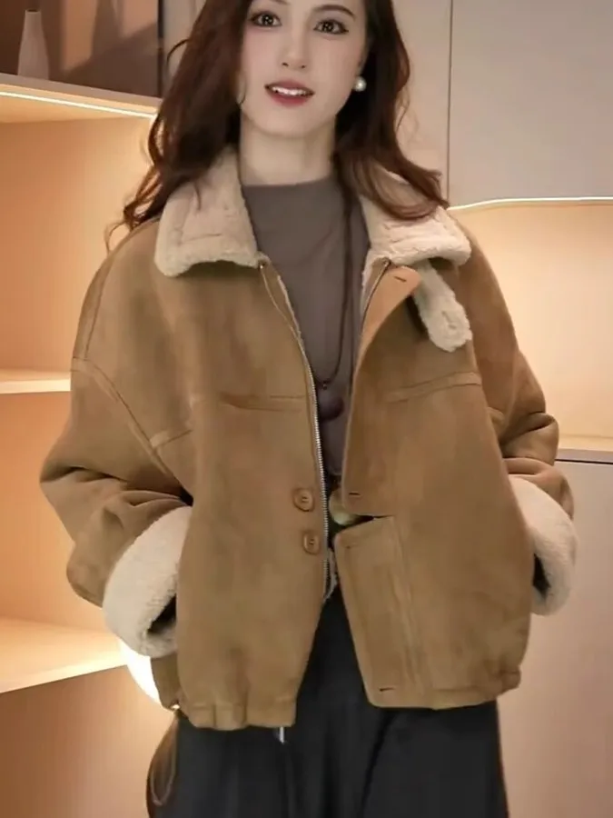 Women's Faux Fur Suede Jacket Thickened Warm Casual Versatile Coat Autumn Winter New Style Leather And Fur Integrated Top