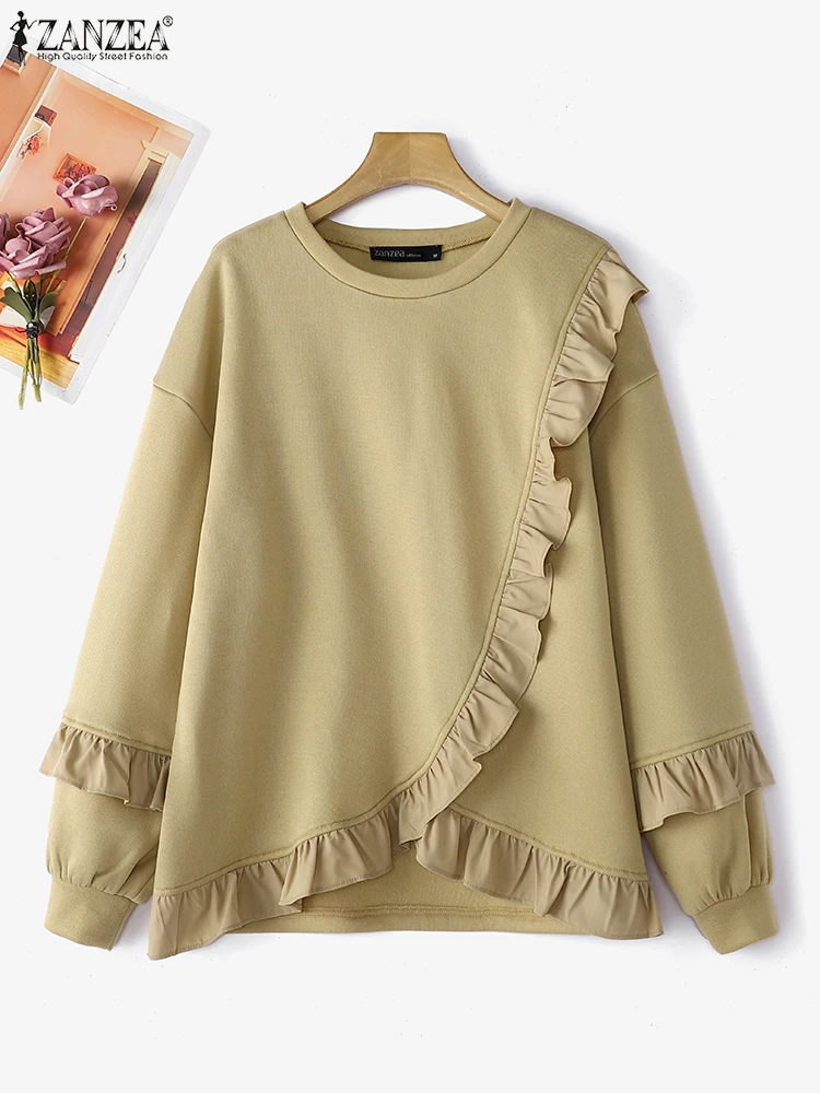 ZANZEA Women O-Neck Simple Sweatshirts 2024 Long Sleeve Loose Knitted Hoodies Casual Loose Ruffled Edge Pullovers Femme Jumpers