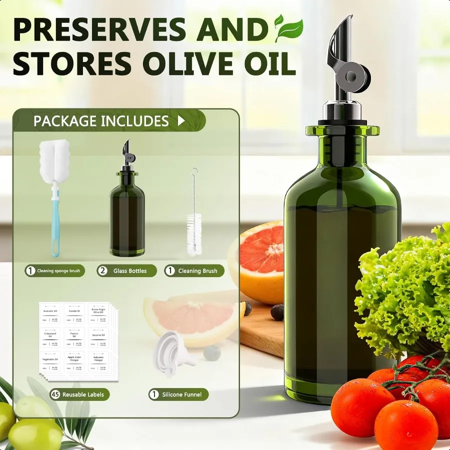 Oliedispenser voor keuken 12oz 350ml Set van 2 extra dikke food grade glazen olijfolie dispenserfles met reinigingsborstelstick